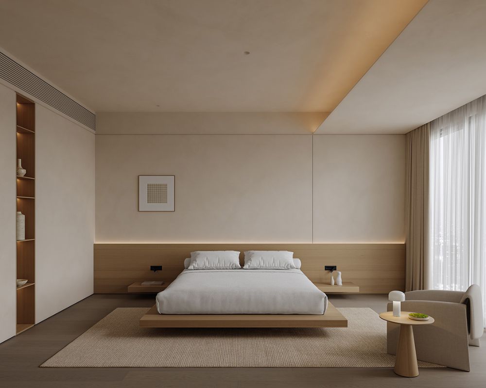 Minimal beige bedroom
